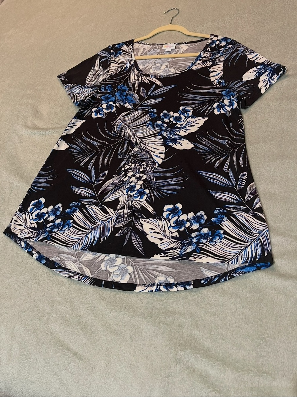 LuLaRoe Black Floral Scoop Neck Top with Blue and White Prints